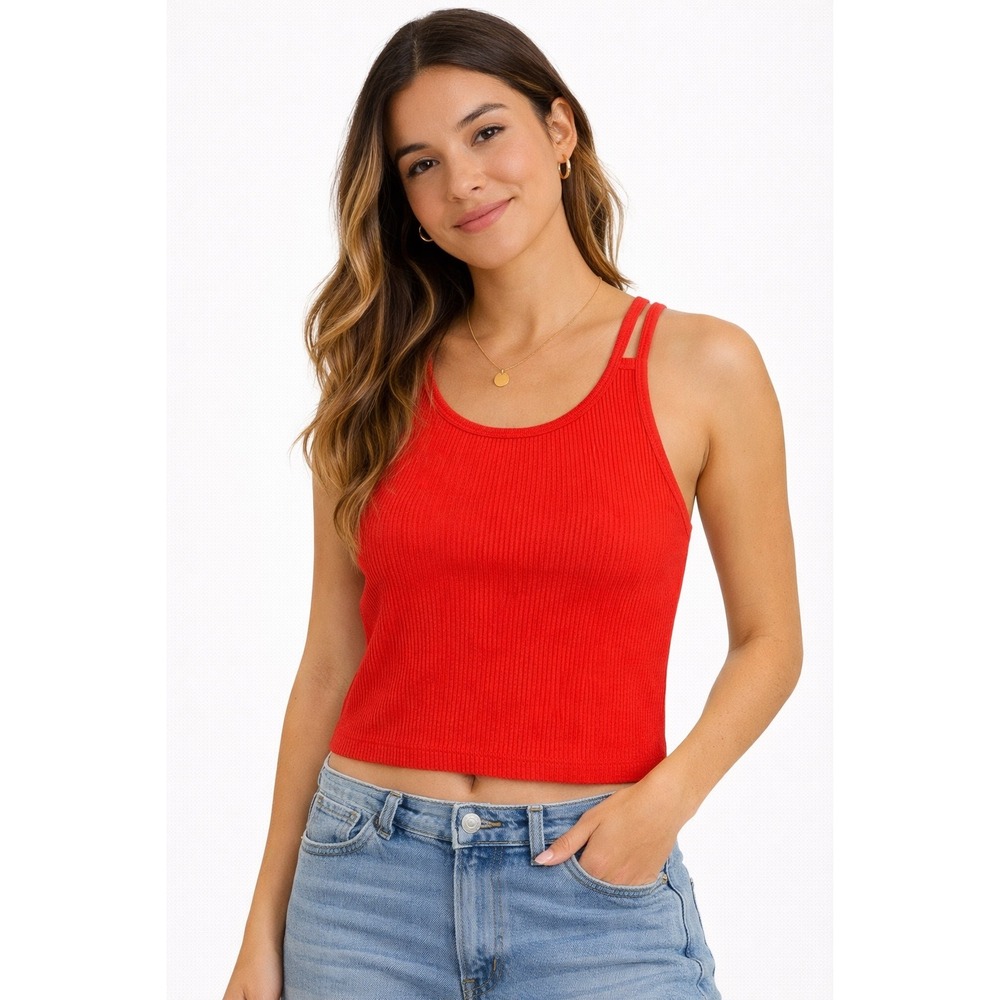 Arizona Jean Co Crop Top Womens Small Red Ribbed Double Strap Tank Summer Casual